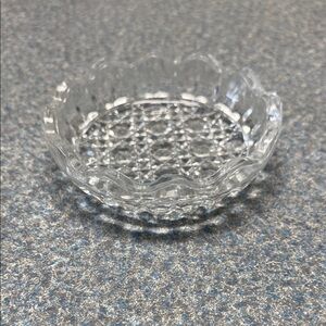 Clear Glass Dish with Scalloped Edge and Geometric Pattern